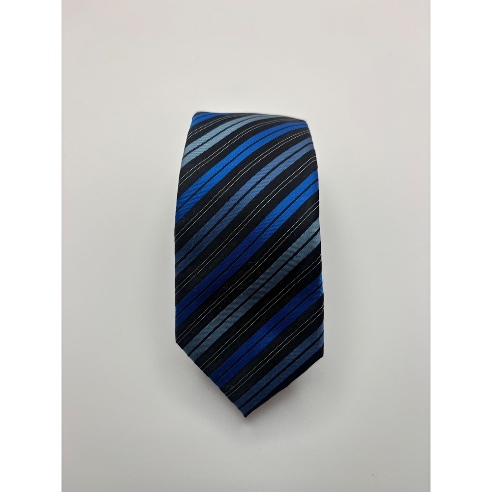 Alfani Mens Blue Grey Black Diagonal Striped Polyester Necktie RN 43170